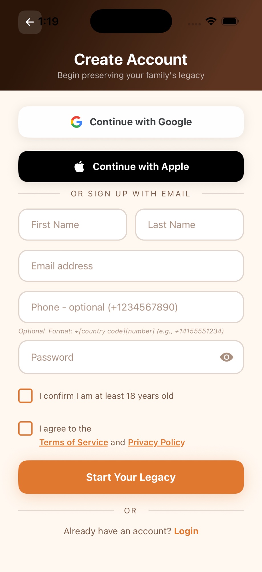 Create Account screen