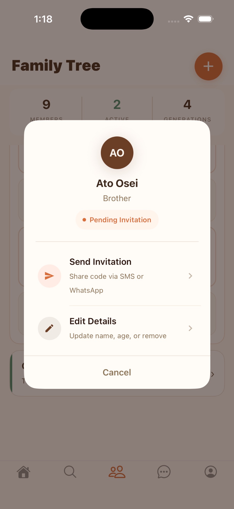 Invite Family Member screen